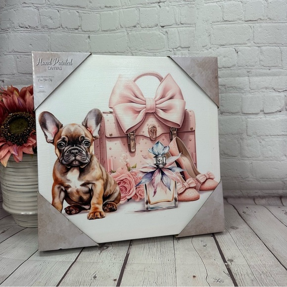 NWT ELICO LTD Hand-Painted Canvas frenchie French Bulldog and Pink Accessories - Picture 1 of 4